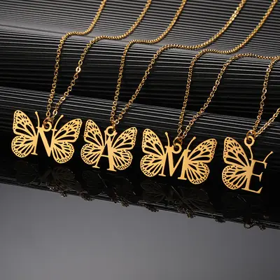 Stainless Steel Butterfly Necklace with 26 Letter Clavicle Pendant