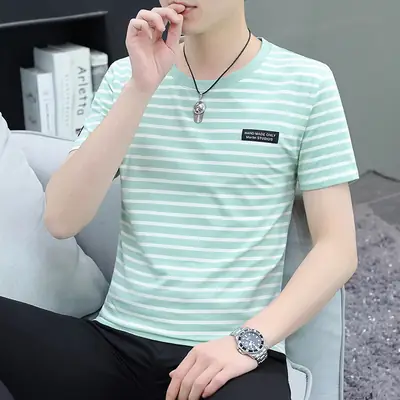 Men Navy Striped Cotton T-Shirt Round Neck Short Sleeve