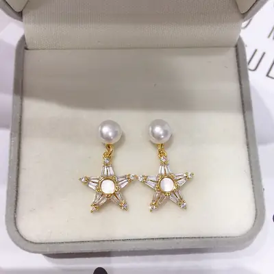 Natural Pearl Star Earrings for Women 18K Gold