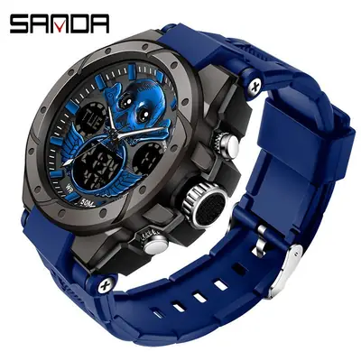 Sanda Men's Luminous Skull Watch Green Digital Display