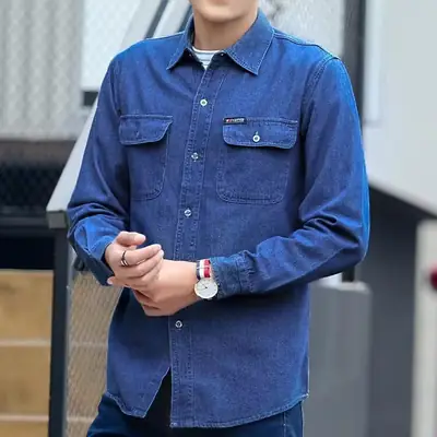 Young Men Denim Shirt Long Sleeve Cotton Sun Protection