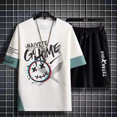 Men Printed Ice Silk T-Shirt Shorts Set Black Casual Summer