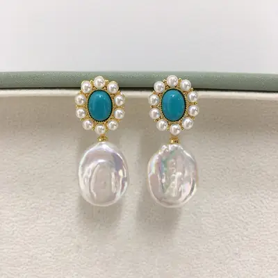 Turquoise Pearl Earrings for Women 18K Gold