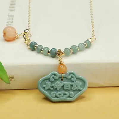 Blue Jade Pendant Necklace with Water Ruyi Lock Design