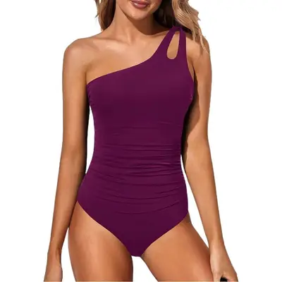 Purple One-Piece Swim Suit for Women with Oblique Shoulder