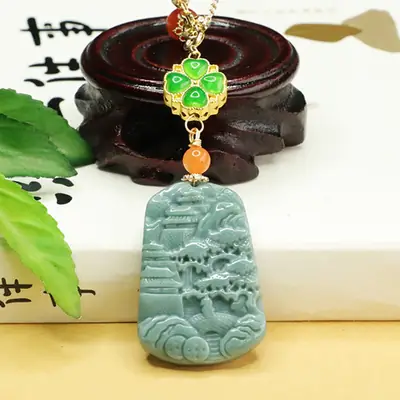Jade Landscape Pendant Necklace Blue Water Chain