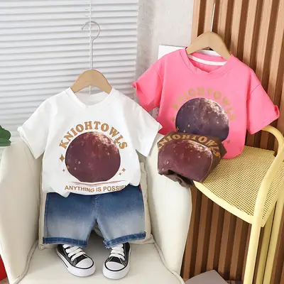 Kids Cotton Moon Print T-Shirt Shorts Set Brown