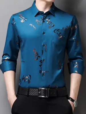 Men Printed Letter Coat Blue Slim Fit Shirt