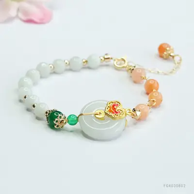 Guan Yu Jade Bracelet with Green & Orange Beads