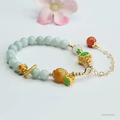 Guan Yu Jade Bracelet with Round Beads & Gold Clasp