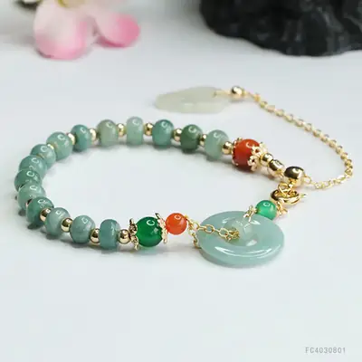 Guan Yu Jade Bead Bracelet Blue Green Ring for Women