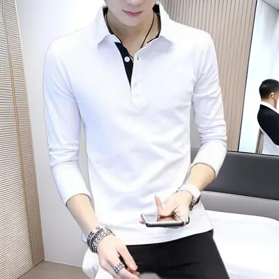 Men's White Long Sleeve Polo Shirt with Zipper Collar