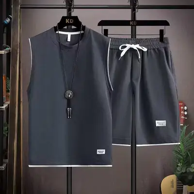 Men Sleeveless Casual Summer Suit Navy Blue 5-Piece