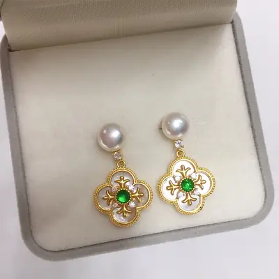 Natural Sea Shell Green Agate Four-leaf Clover Earrings for Women