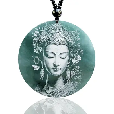 Ice Bottom Blue Guanyin Jade Pendant Necklace