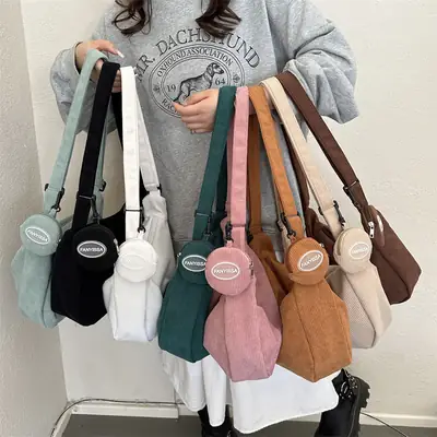 Women's White Corduroy Shoulder Bag with Crossbody Strap
