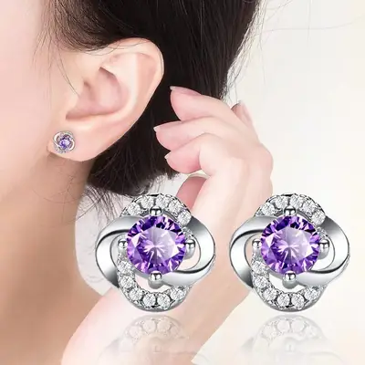 S925 Silver Clover Earrings Purple Diamond Earrings