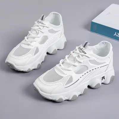 White Mesh Women's Flat Thick Bottom Sneakers