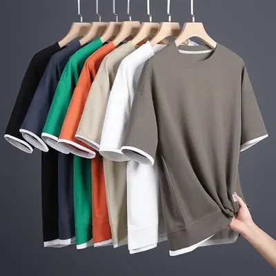Men Summer Waffle T-Shirt Loose Fit Beige