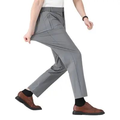 Men Summer Elastic Waist Pants Grey Straight Leg