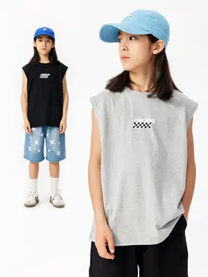 Kids Sleeveless Hip Hop T-Shirt Black Cotton