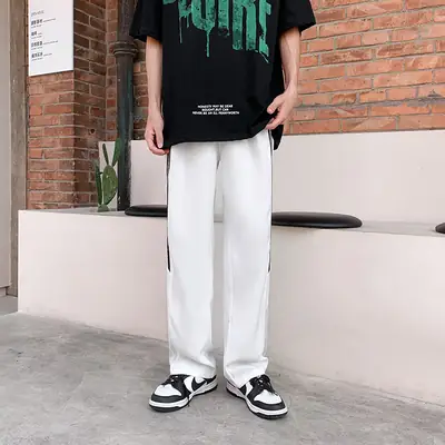 Men White Striped Loose Waist Sports Pants Summer