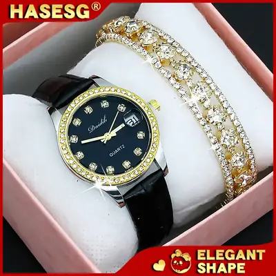 Women's 12 Diamond Watch with Gold Bracelet Set