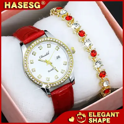 Women's Gold Diamond Watch Set White Strap Bracele