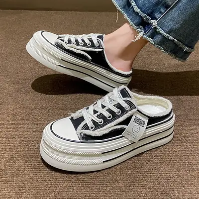 Women's Black Canvas Slip-On Mules White Sole