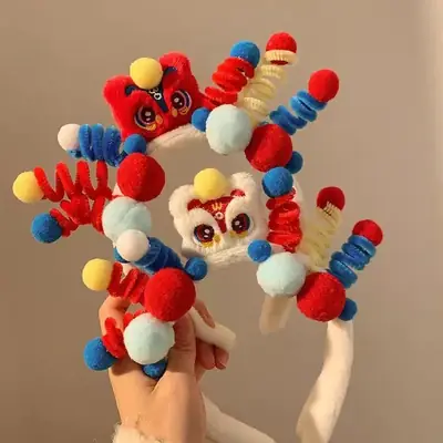 New Year Lion Dance Hat with Colorful Pom Pom