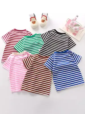 Pink Striped Cotton T-Shirt for Kids Boys Girls
