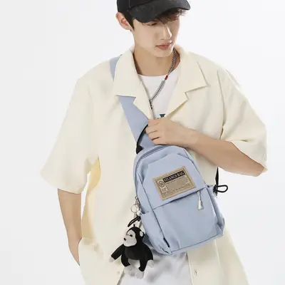 Light Blue Student Shoulder Bag with Cartoon Paw