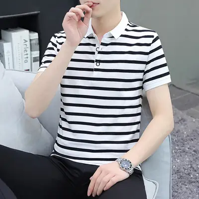Men Striped Cotton Polo T-Shirt Summer Casual