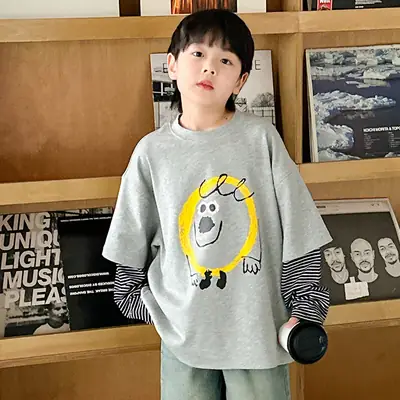 Boys Long Sleeve Fake Two-Piece T-Shirt Grey 2025