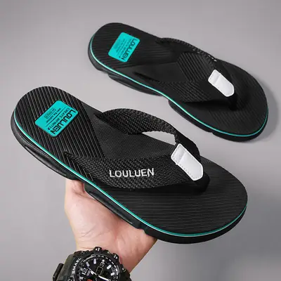 Men's Black Casual Flip-Flops with Blue Sole