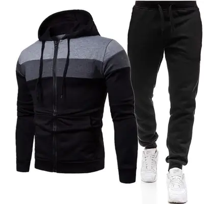 Men Black Grey Striped Zipper Hoodie Sweatshirt Winter Warm FleeceLined