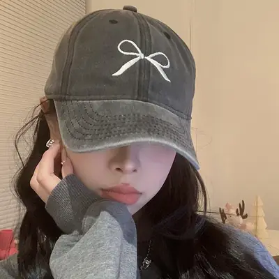 Washed Distressed Baseball Cap Women Bow Embroidered 2024