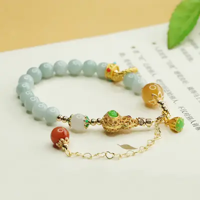 Aiyu Natural Jade Bracelet Round Beads Gold Clasp