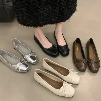 Women's White Bow Flat Shoes Low Cut 2024
