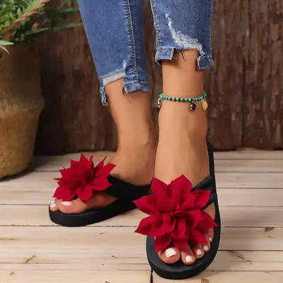 Women Red Flower Flip Flops Large Size Summer