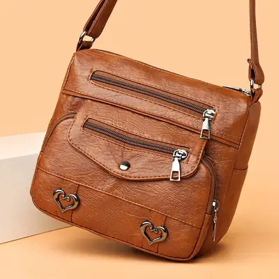 Brown Heart-Plated Crossbody Bag for Women