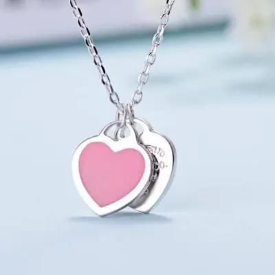 Double Heart Enamel Necklace Women's T Home Same Style Blue Internet Celebrity All-match Peach Heart Clavicle Chain