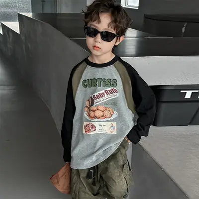Boys Long Sleeve T-Shirt Grey Black Graphic Spring 2025