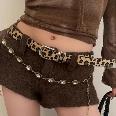Women's Leopard Print Belt with Faux Fur Shorts Brown