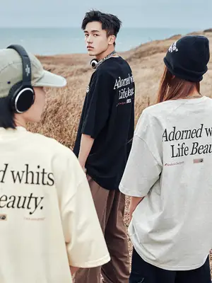 Helu Men's Letter Printed T-Shirt Black White Summer Loose Cotton