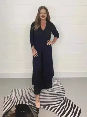 Women V-neck Long Sleeve Split Wide Pants Suit Solid Color