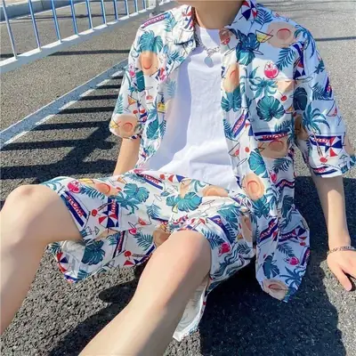 Hawaiian Print Beach Suit Men Summer Thin Sanya Travel
