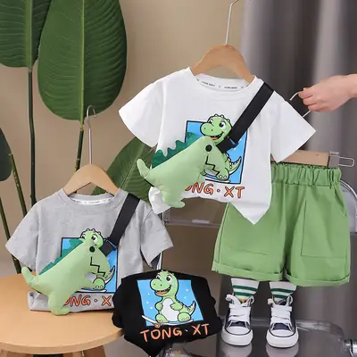 Children Cotton T-Shirt Shorts Set Green Summer Boys