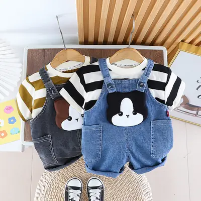 2024 Boys Summer Striped T-Shirt & Denim Shorts Set