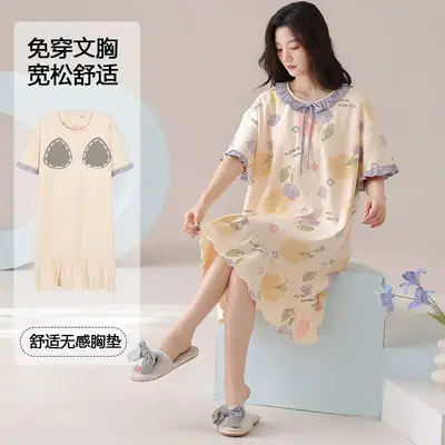 [Pure Cotton] Nightgown Summer Women's Anti-running Pajamas with Chest Pad Women's Cotton Loose plus size Midi Dress for Outer Wear